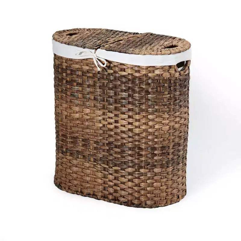 Seville Classics Hand-Woven Oval Double Laundry Hamper with Liner Natural Brown: Wicker Clothes Hamper with Lid, Portable