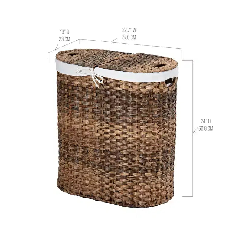 Panier à linge double ovale tissé à la main Seville Classics avec doublure marron naturel : panier à linge en osier avec couvercle, portable