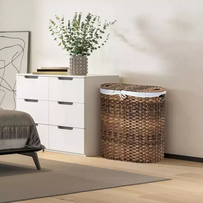 Panier à linge double ovale tissé à la main Seville Classics avec doublure marron naturel : panier à linge en osier avec couvercle, portable