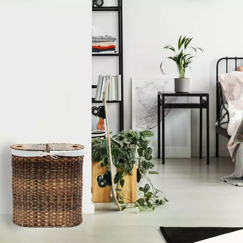Panier à linge double ovale tissé à la main Seville Classics avec doublure marron naturel : panier à linge en osier avec couvercle, portable