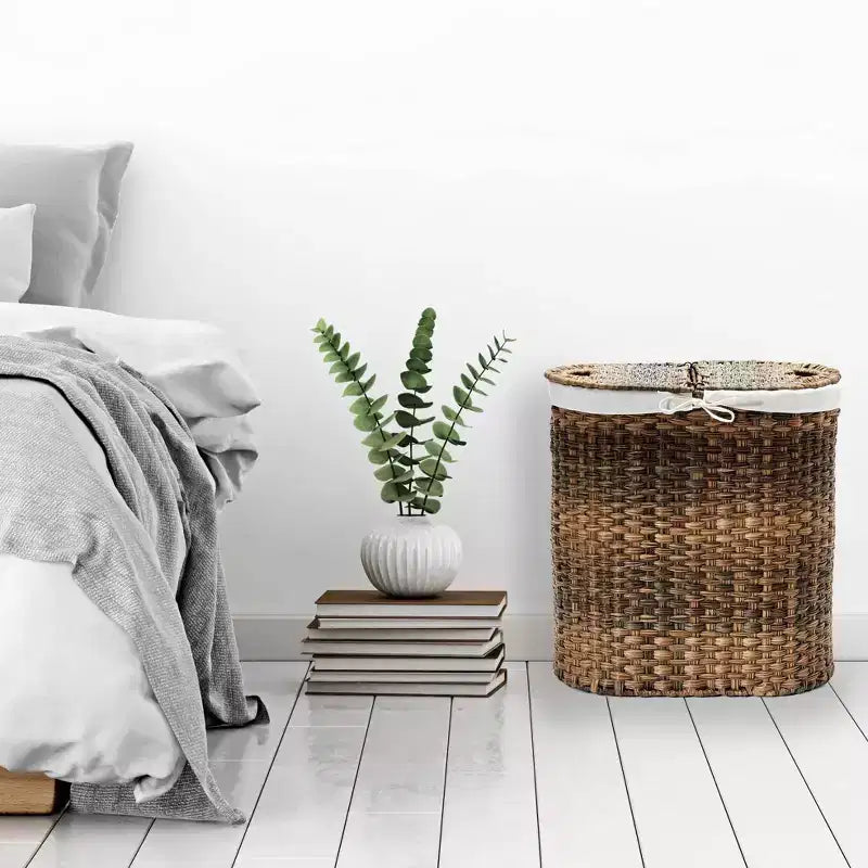 Panier à linge double ovale tissé à la main Seville Classics avec doublure marron naturel : panier à linge en osier avec couvercle, portable