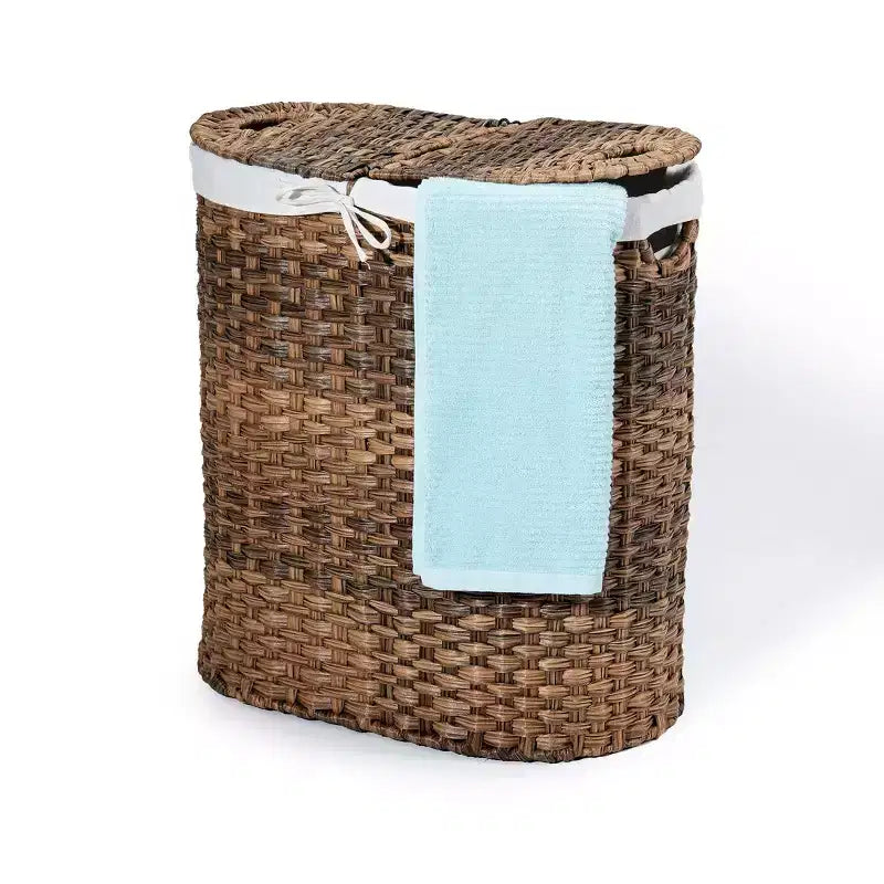 Panier à linge double ovale tissé à la main Seville Classics avec doublure marron naturel : panier à linge en osier avec couvercle, portable