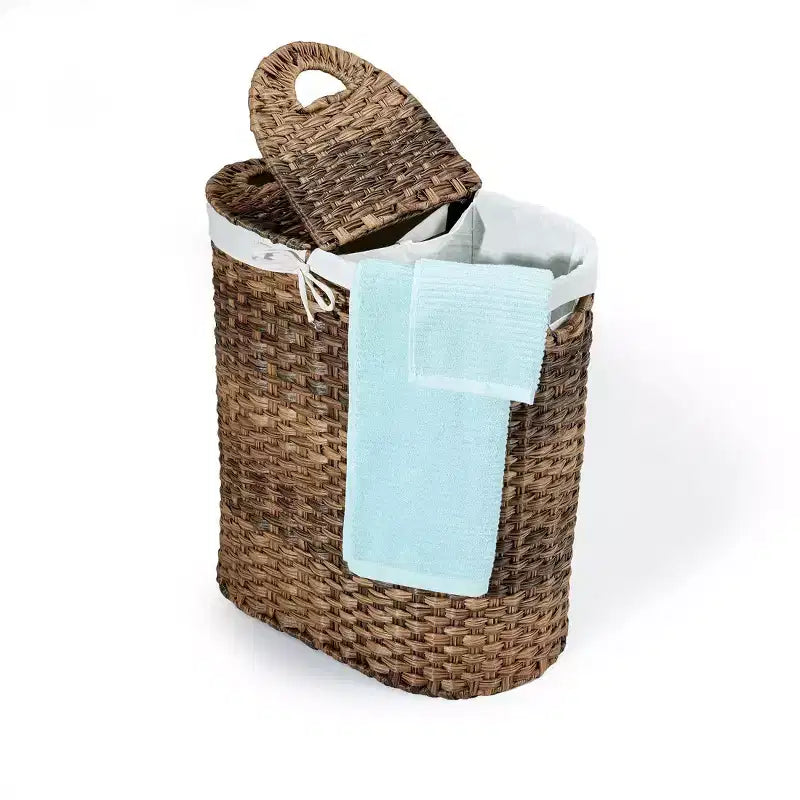 Panier à linge double ovale tissé à la main Seville Classics avec doublure marron naturel : panier à linge en osier avec couvercle, portable