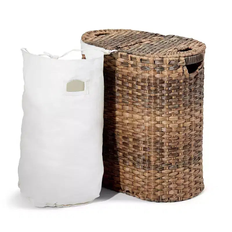 Panier à linge double ovale tissé à la main Seville Classics avec doublure marron naturel : panier à linge en osier avec couvercle, portable