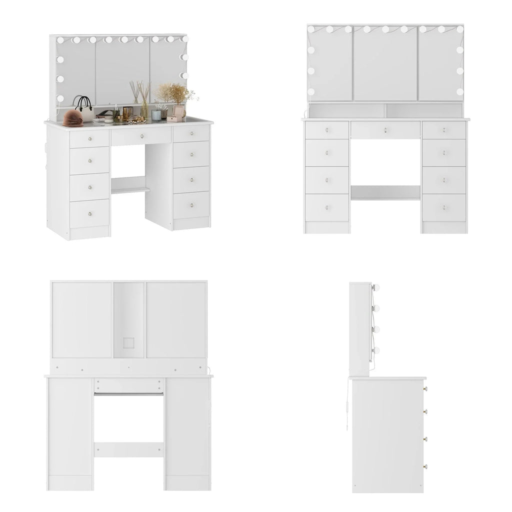 Coiffeuse avec miroir triptyque éclairage certifié et plateau en verre