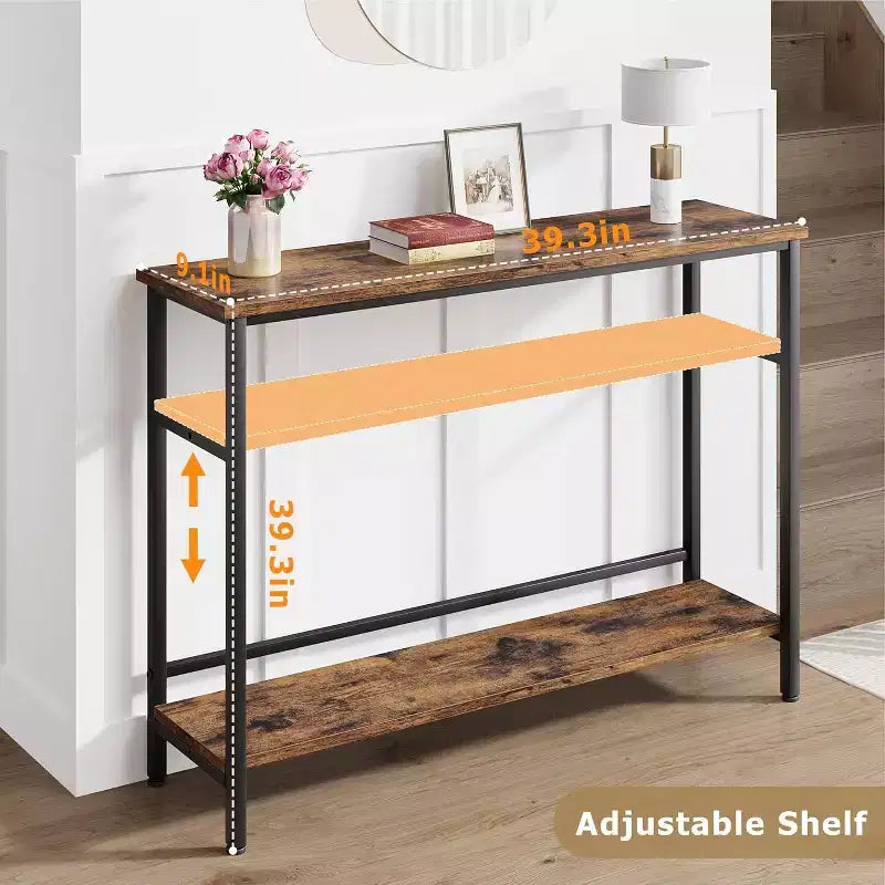 Table d'entrée GustoWave, Consoles avec rangement, Table de canapé rustique de 99,8 cm avec étagère réglable pour salon, couloir