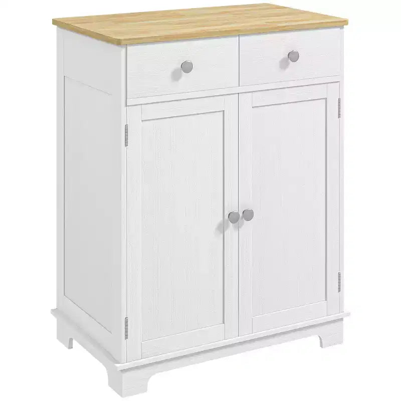 Meuble de rangement Okak avec plateau en bois, buffet de rangement avec 2 portes et 2 tiroirs, meuble bar pour salon, cuisine, salle à manger, blanc