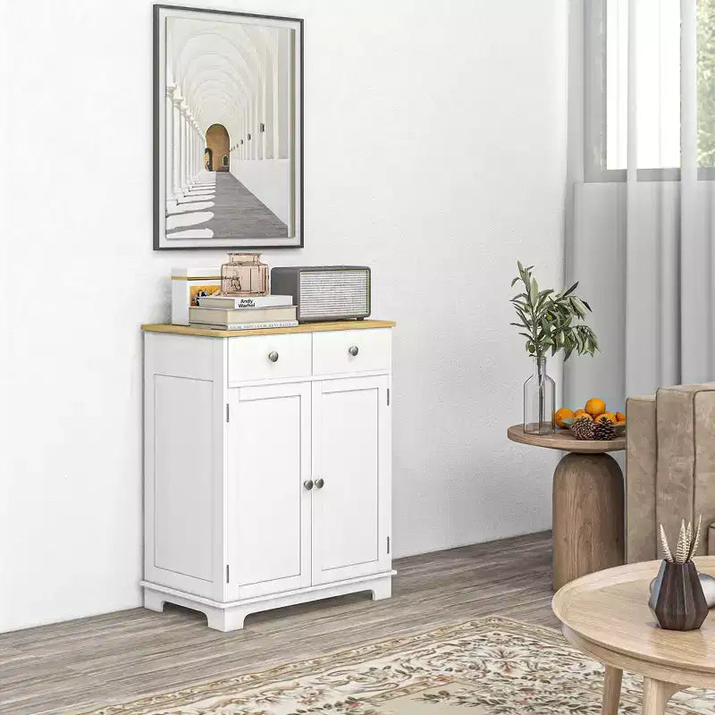 Meuble de rangement Okak avec plateau en bois, buffet de rangement avec 2 portes et 2 tiroirs, meuble bar pour salon, cuisine, salle à manger, blanc