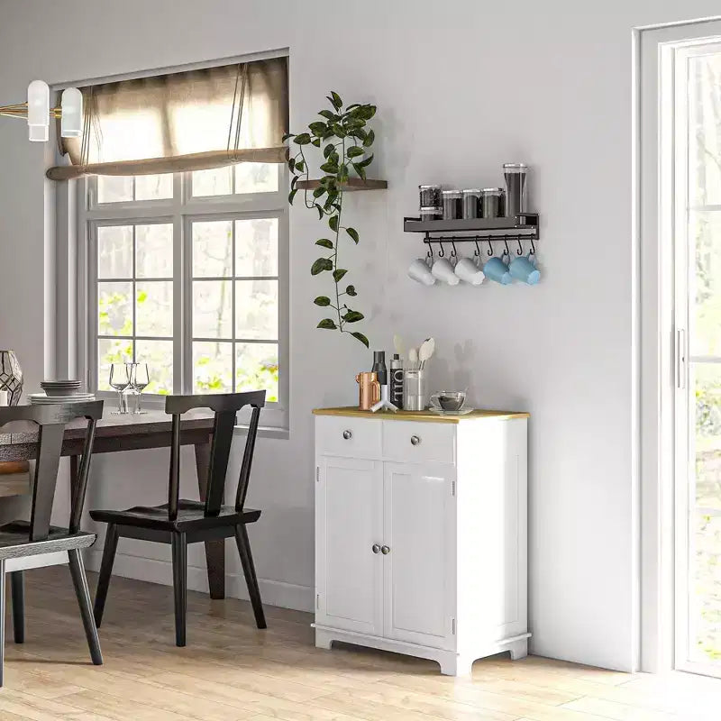 Meuble de rangement Okak avec plateau en bois, buffet de rangement avec 2 portes et 2 tiroirs, meuble bar pour salon, cuisine, salle à manger, blanc