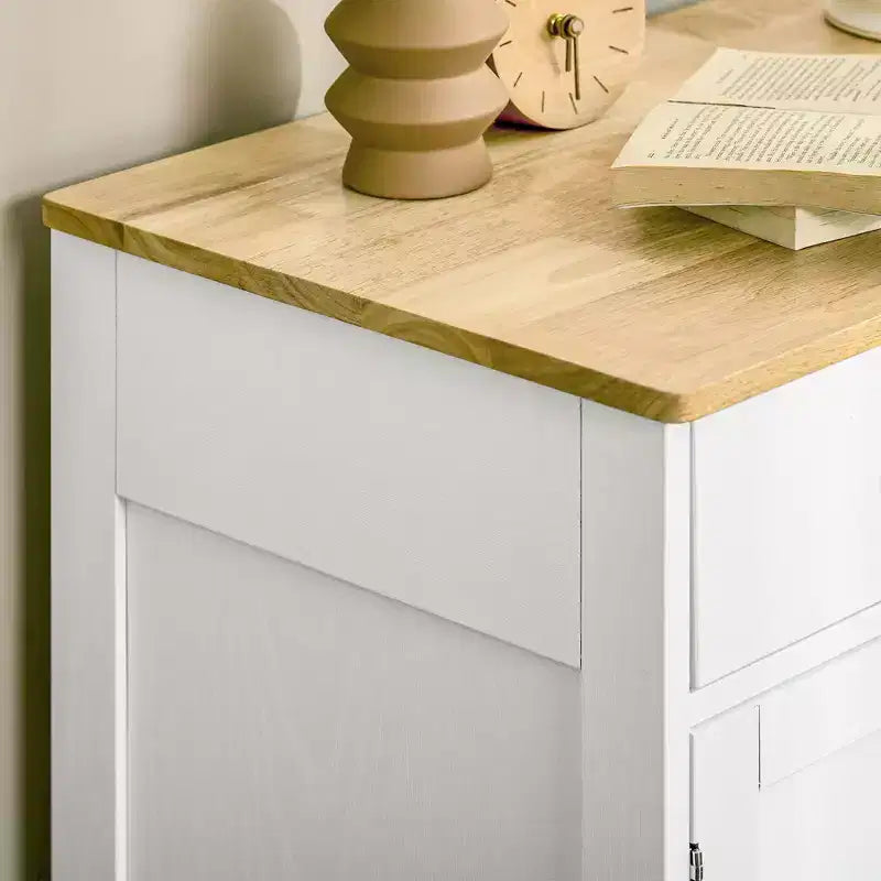 Meuble de rangement Okak avec plateau en bois, buffet de rangement avec 2 portes et 2 tiroirs, meuble bar pour salon, cuisine, salle à manger, blanc