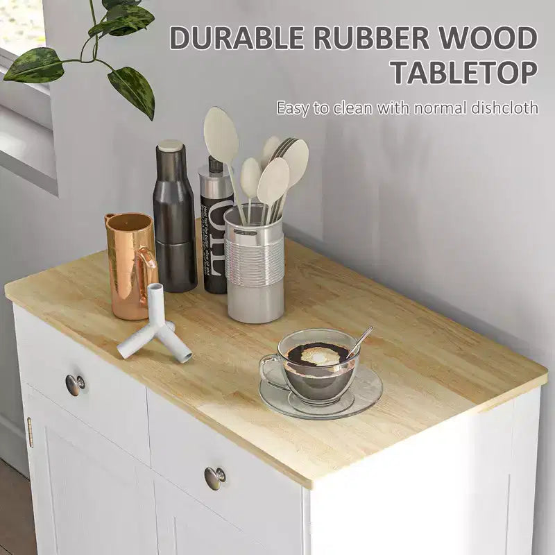 Meuble de rangement Okak avec plateau en bois, buffet de rangement avec 2 portes et 2 tiroirs, meuble bar pour salon, cuisine, salle à manger, blanc