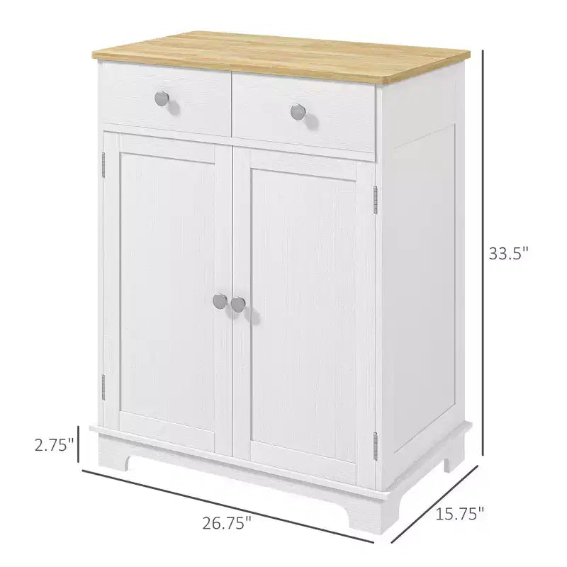 Meuble de rangement Okak avec plateau en bois, buffet de rangement avec 2 portes et 2 tiroirs, meuble bar pour salon, cuisine, salle à manger, blanc
