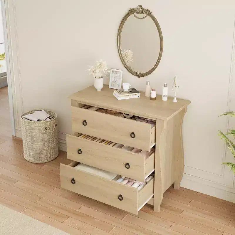 Commode Moderne en Bois à 3 Tiroirs pour Chambre, avec Poignées en Anneau en Métal Noir pour Salon, Entrée, Couloir