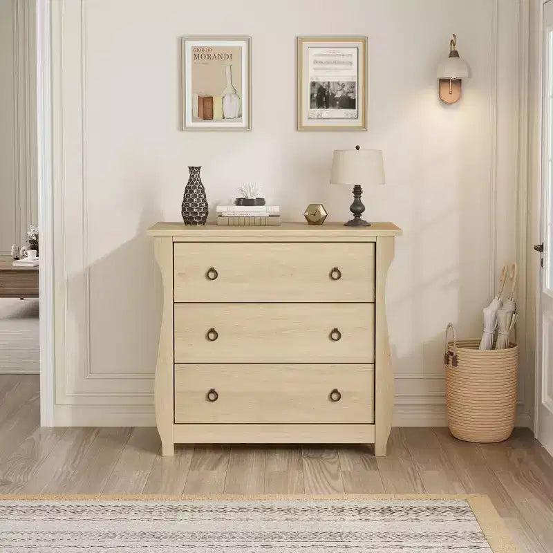 Commode Moderne en Bois à 3 Tiroirs pour Chambre, avec Poignées en Anneau en Métal Noir pour Salon, Entrée, Couloir