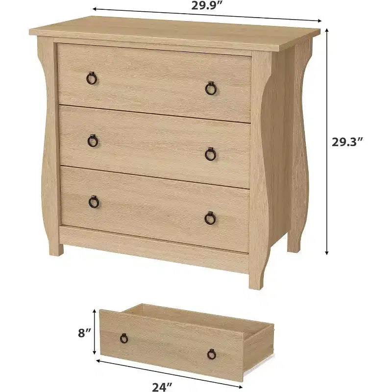 Commode Moderne en Bois à 3 Tiroirs pour Chambre, avec Poignées en Anneau en Métal Noir pour Salon, Entrée, Couloir