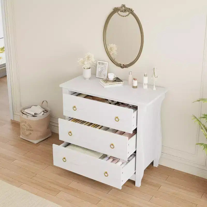 Commode Moderne en Bois à 3 Tiroirs pour Chambre, avec Poignées en Anneau en Métal Noir pour Salon, Entrée, Couloir