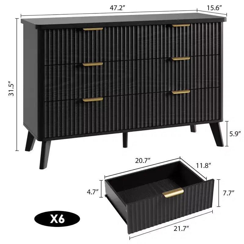 Commode cannelée pour chambre à coucher avec 6 tiroirs profonds, commode moderne de 120 cm de large, commode en bois, meuble TV, design à profil incurvé, pour salon