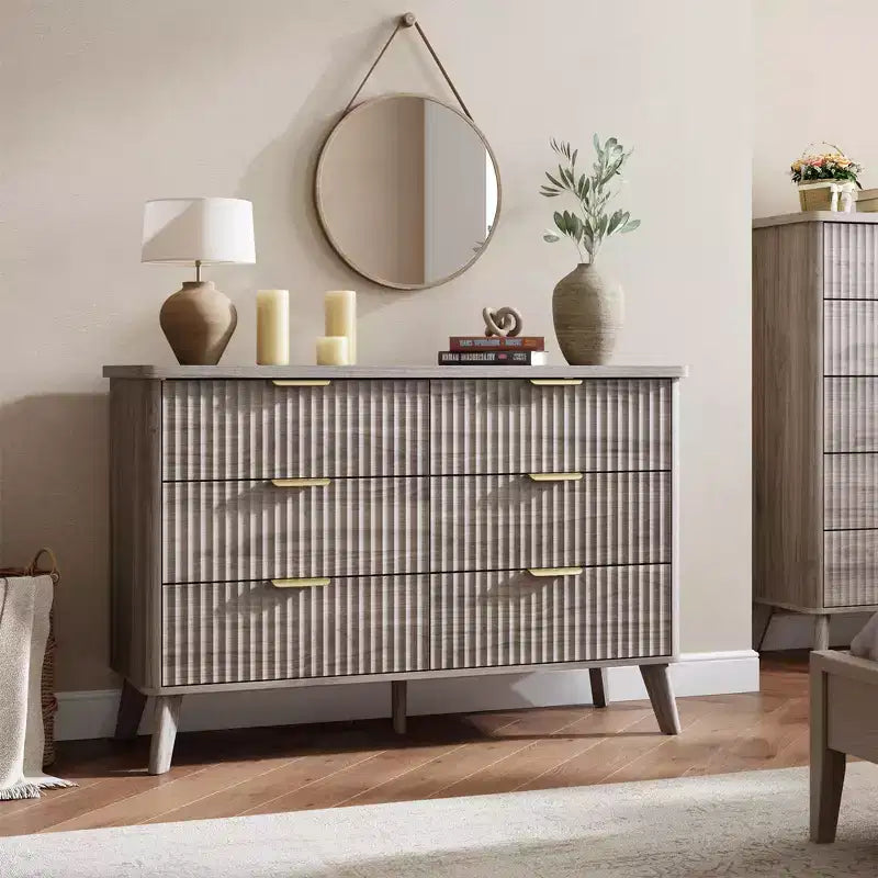 Commode cannelée pour chambre à coucher avec 6 tiroirs profonds, commode moderne de 120 cm de large, commode en bois, meuble TV, design à profil incurvé, pour salon