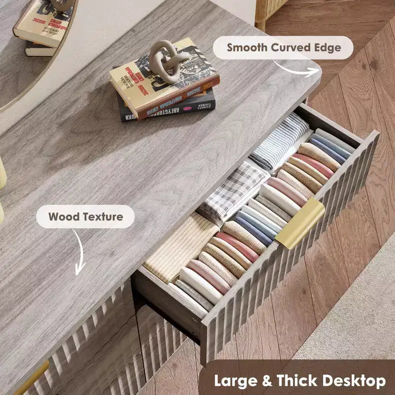 Commode cannelée pour chambre à coucher avec 6 tiroirs profonds, commode moderne de 120 cm de large, commode en bois, meuble TV, design à profil incurvé, pour salon