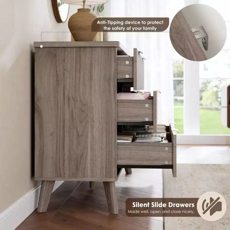 Commode cannelée pour chambre à coucher avec 6 tiroirs profonds, commode moderne de 120 cm de large, commode en bois, meuble TV, design à profil incurvé, pour salon