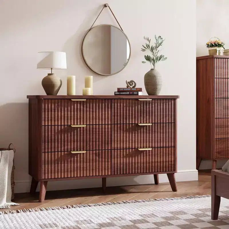 Commode cannelée pour chambre à coucher avec 6 tiroirs profonds, commode moderne de 120 cm de large, commode en bois, meuble TV, design à profil incurvé, pour salon