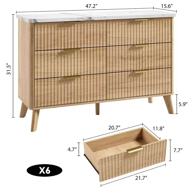 Commode cannelée pour chambre à coucher avec 6 tiroirs profonds, commode moderne de 120 cm de large, commode en bois, meuble TV, design à profil incurvé, pour salon