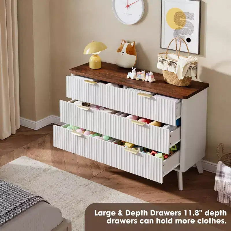 Commode cannelée pour chambre à coucher avec 6 tiroirs profonds, commode moderne de 120 cm de large, commode en bois, meuble TV, design à profil incurvé, pour salon