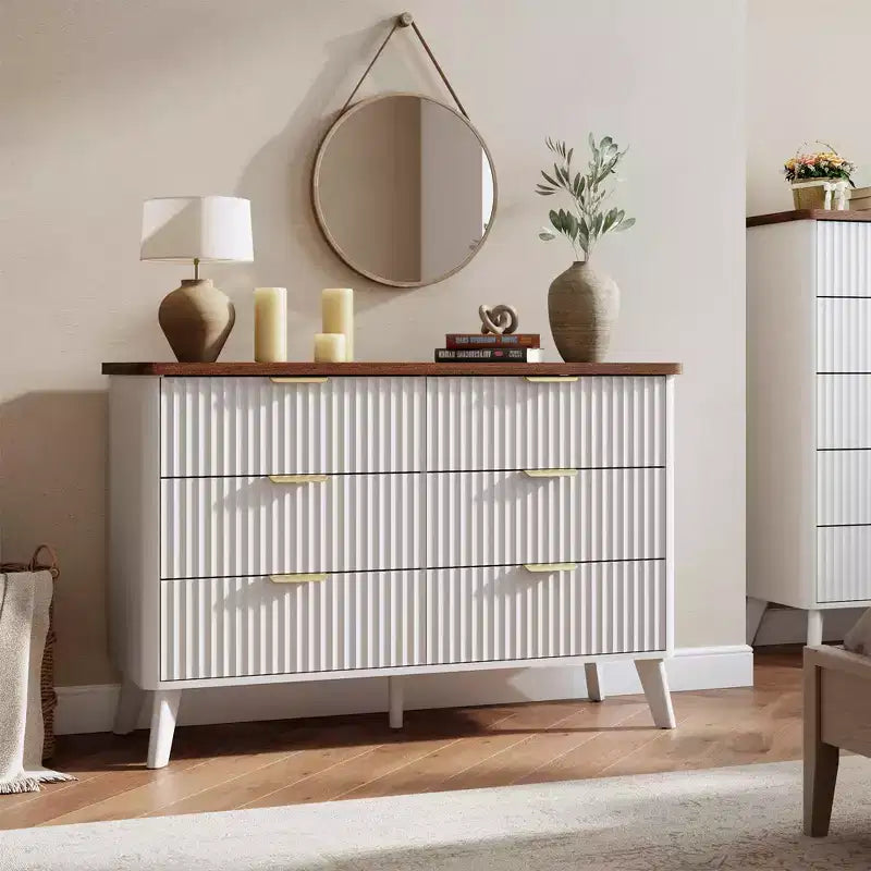 Commode cannelée pour chambre à coucher avec 6 tiroirs profonds, commode moderne de 120 cm de large, commode en bois, meuble TV, design à profil incurvé, pour salon