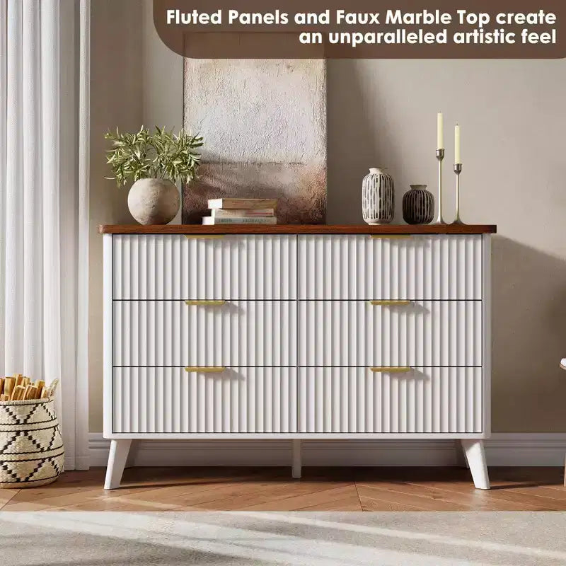 Commode cannelée pour chambre à coucher avec 6 tiroirs profonds, commode moderne de 120 cm de large, commode en bois, meuble TV, design à profil incurvé, pour salon