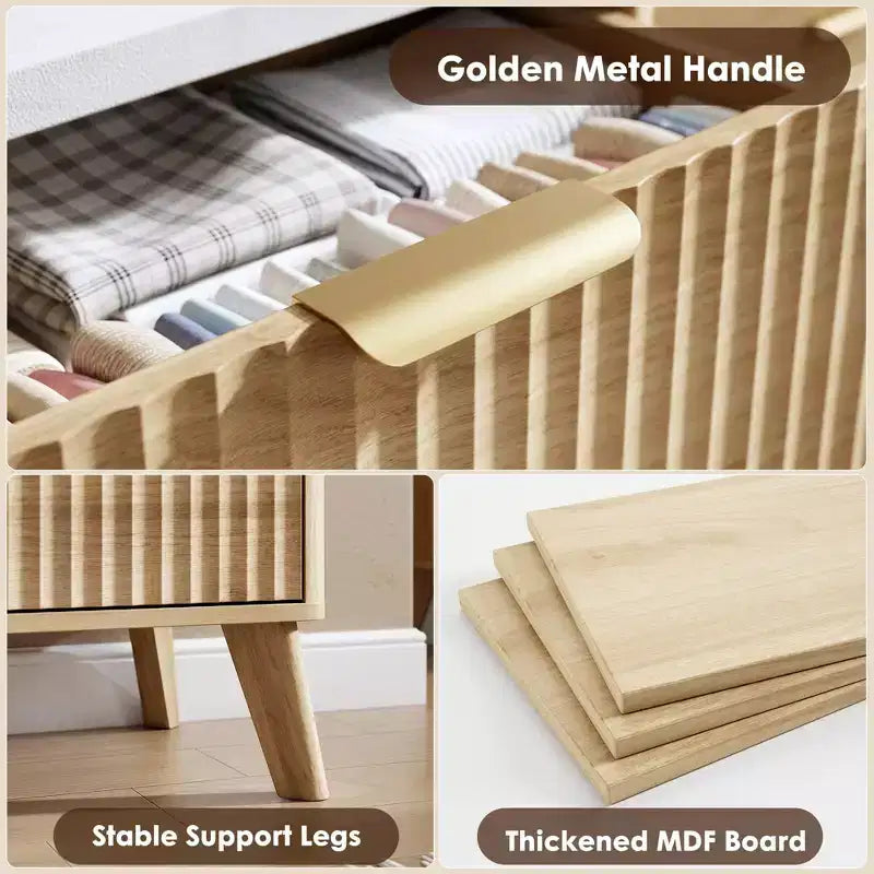 Commode cannelée pour chambre à coucher avec 6 tiroirs profonds, commode moderne de 120 cm de large, commode en bois, meuble TV, design à profil incurvé, pour salon