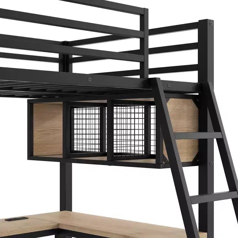 Lit mezzanine métallique en forme de L, taille double, avec 2 bureaux intégrés, lumières LED, stations de recharge, lit d'étude/de jeu compact, Noir - ModernLuxe