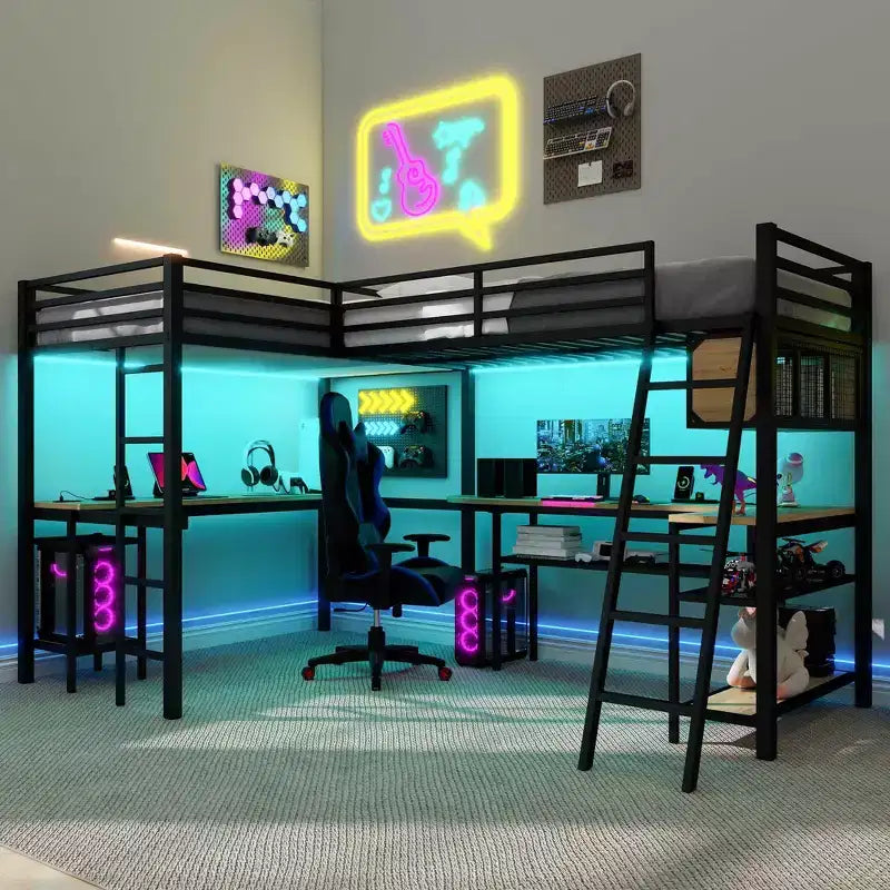 Lit mezzanine métallique en forme de L, taille double, avec 2 bureaux intégrés, lumières LED, stations de recharge, lit d'étude/de jeu compact, Noir - ModernLuxe