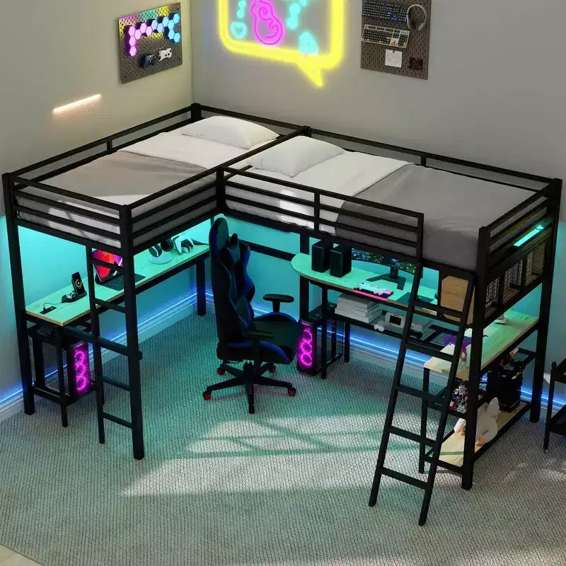 Lit mezzanine métallique en forme de L, taille double, avec 2 bureaux intégrés, lumières LED, stations de recharge, lit d'étude/de jeu compact, Noir - ModernLuxe