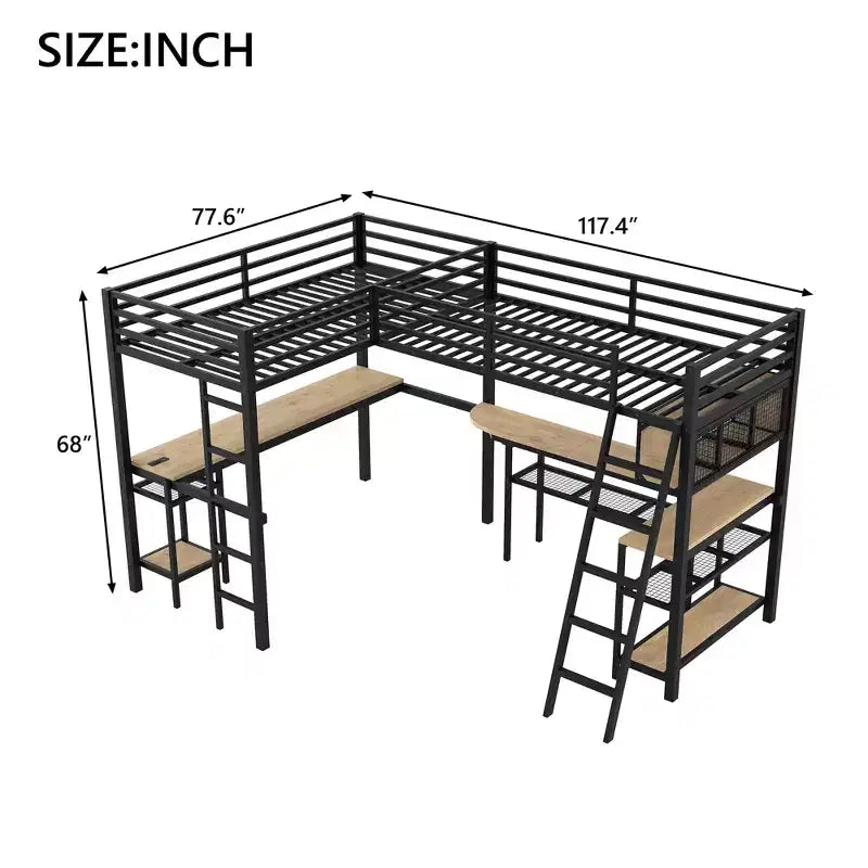 Lit mezzanine métallique en forme de L, taille double, avec 2 bureaux intégrés, lumières LED, stations de recharge, lit d'étude/de jeu compact, Noir - ModernLuxe
