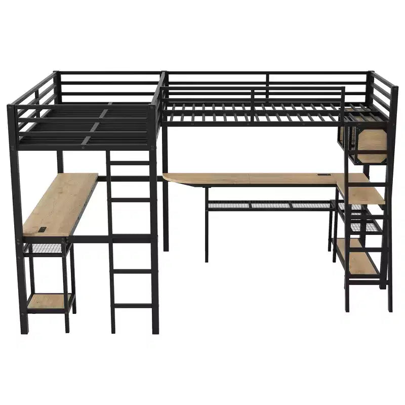 Lit mezzanine métallique en forme de L, taille double, avec 2 bureaux intégrés, lumières LED, stations de recharge, lit d'étude/de jeu compact, Noir - ModernLuxe