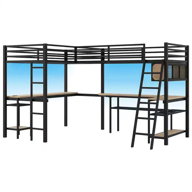 Lit mezzanine métallique en forme de L, taille double, avec 2 bureaux intégrés, lumières LED, stations de recharge, lit d'étude/de jeu compact, Noir - ModernLuxe