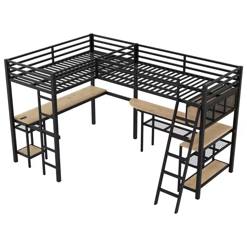 Lit mezzanine métallique en forme de L, taille double, avec 2 bureaux intégrés, lumières LED, stations de recharge, lit d'étude/de jeu compact, Noir - ModernLuxe