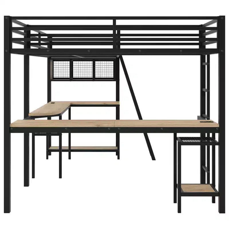 Lit mezzanine métallique en forme de L, taille double, avec 2 bureaux intégrés, lumières LED, stations de recharge, lit d'étude/de jeu compact, Noir - ModernLuxe