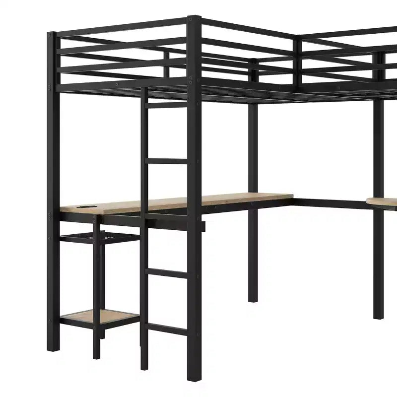 Lit mezzanine métallique en forme de L, taille double, avec 2 bureaux intégrés, lumières LED, stations de recharge, lit d'étude/de jeu compact, Noir - ModernLuxe