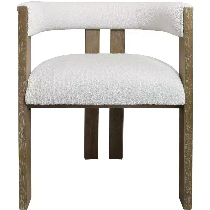 HomeRoots Ivory and Brown Upholstered Boucle Open Back Dining Arm Chair