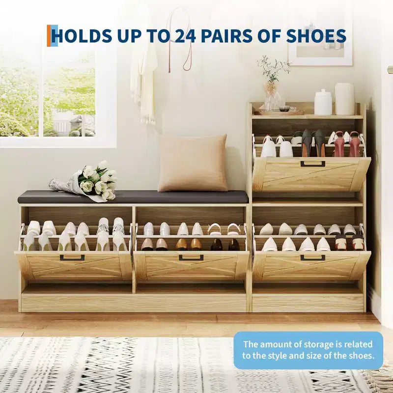 GustoWave Armoire à Chaussures de Ferme avec Banc à Chaussures avec 4 Tiroirs Rabattables et Coussin Rembourré, Banc d'Entrée avec Rangement