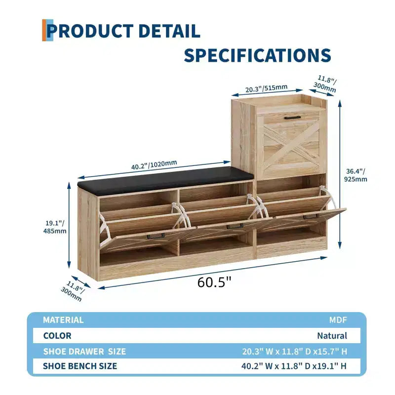 GustoWave Armoire à Chaussures de Ferme avec Banc à Chaussures avec 4 Tiroirs Rabattables et Coussin Rembourré, Banc d'Entrée avec Rangement