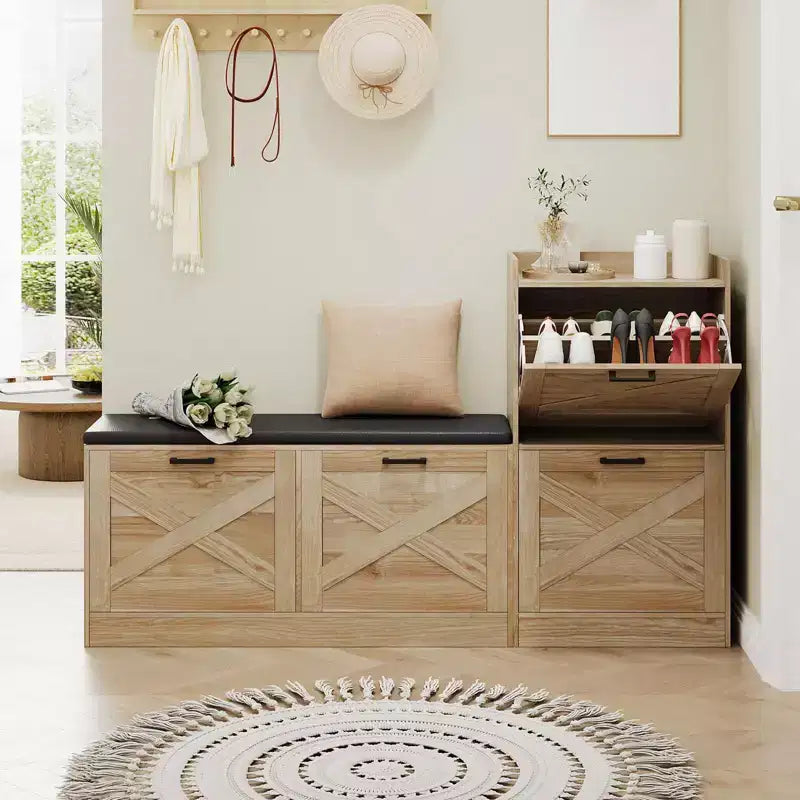GustoWave Armoire à Chaussures de Ferme avec Banc à Chaussures avec 4 Tiroirs Rabattables et Coussin Rembourré, Banc d'Entrée avec Rangement