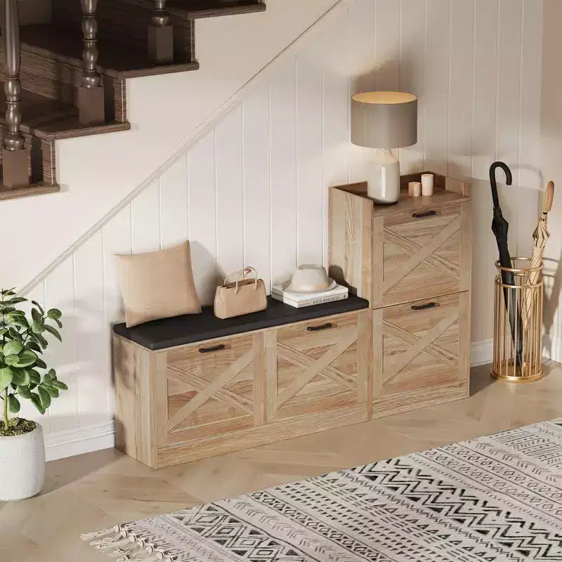 GustoWave Armoire à Chaussures de Ferme avec Banc à Chaussures avec 4 Tiroirs Rabattables et Coussin Rembourré, Banc d'Entrée avec Rangement