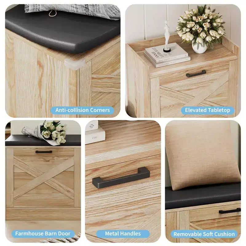 GustoWave Armoire à Chaussures de Ferme avec Banc à Chaussures avec 4 Tiroirs Rabattables et Coussin Rembourré, Banc d'Entrée avec Rangement