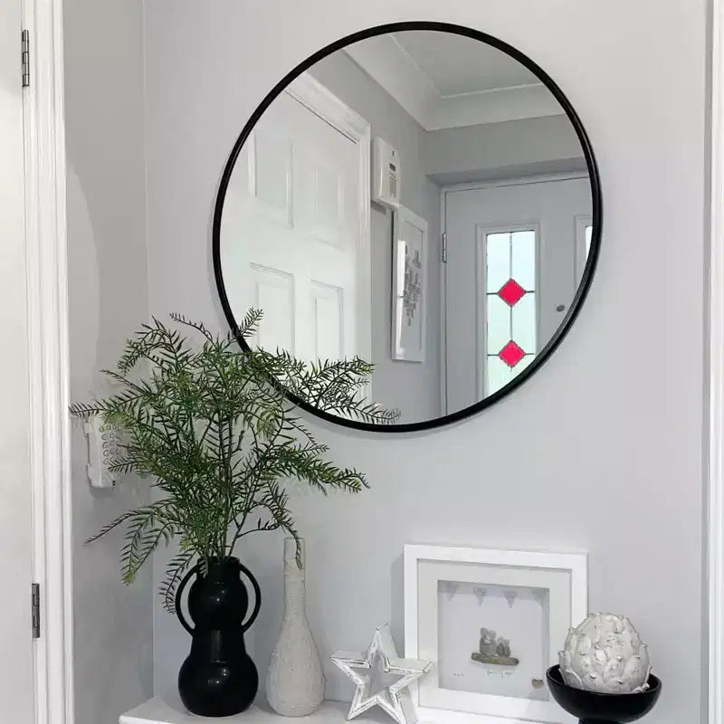 Miroir mural rond encadré en alliage d'aluminium noir de 20 pouces pour salle de bain, chambre à coucher, entrée et salon
