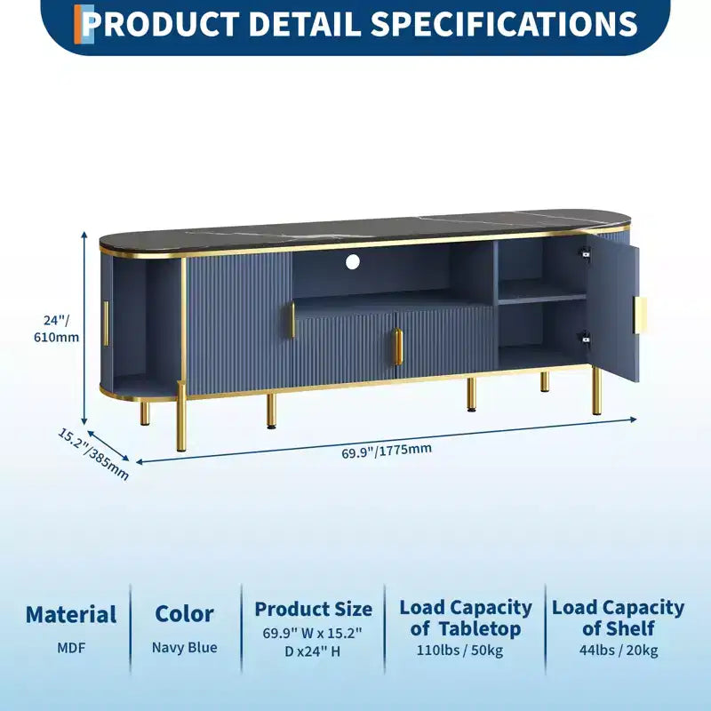 Meuble TV de 70 pouces avec un design encastré luxueux, un plateau en faux marbre, des portes coulissantes incurvées et des étagères réglables.