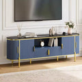70-inch TV console with luxurious recessed design, faux marble countertop, curved sliding doors, and adjustable shelves.