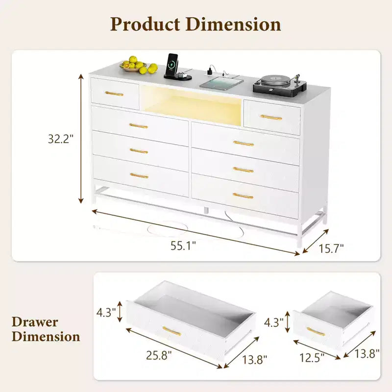 Meuble de rangement, commode en bois à cinq tiroirs servant également de meuble TV de 55 pouces avec éclairage LED, adapté aux salons et couloirs.