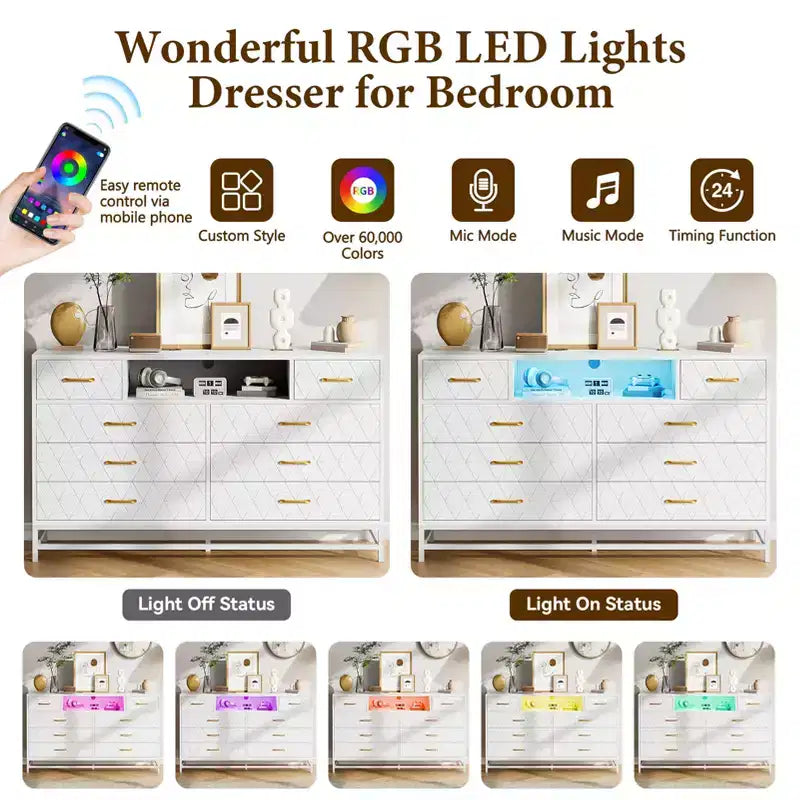 Meuble de rangement, commode en bois à cinq tiroirs servant également de meuble TV de 55 pouces avec éclairage LED, adapté aux salons et couloirs.